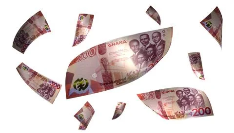 3D Render Set of Flying Ghana 200 Cedis Money Banknote Stock Photos