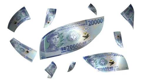 3D Render Set of Flying Guinea 20000 Francs Money Banknote Stock Photos