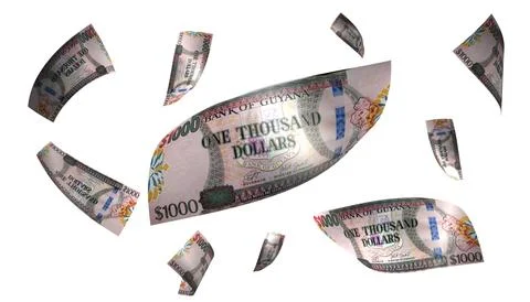 3D Render Set of Flying Guyana 1000 Dollars Money Banknote Stock Photos