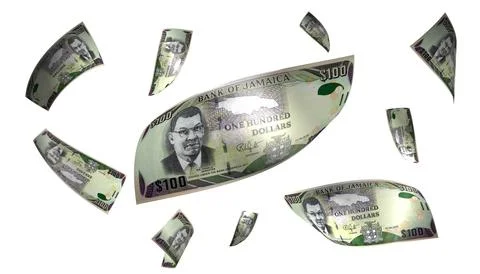 3D Render Set of Flying Jamaica 100 Dollars Money Banknote Stock Photos