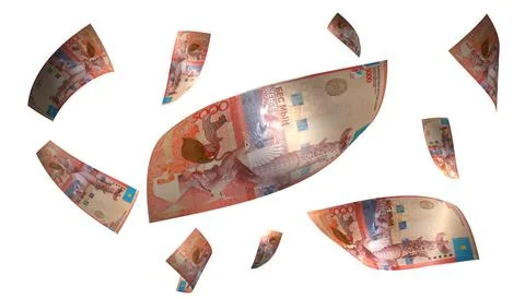 3D Render Set of Flying Kazakhstan 5000 Tenge Money Banknote Stock Photos