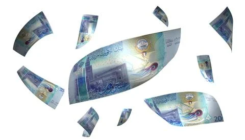 3D Render Set of Flying Kuwait 20 Dinars Money Banknote Stock Photos