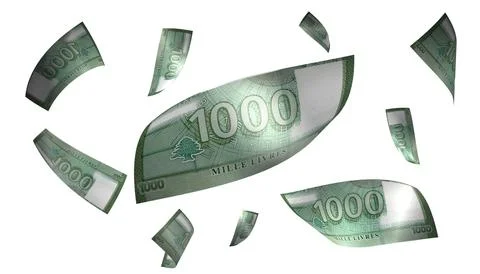 3D Render Set of Flying Lebanon 1000 Livres Money Banknote Stock Photos