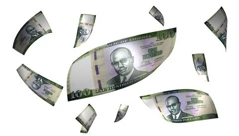 3D Render Set of Flying Liberia 100 Dollars Money Banknote 写真素材