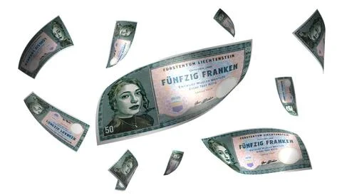 3D Render Set of Flying Liechtenstein 50 Franken Money Banknote Stock Photos
