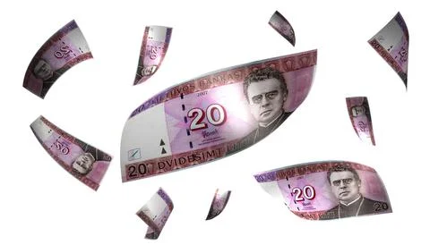 3D Render Set of Flying Lithuania 20 Litu Money Banknote 写真素材