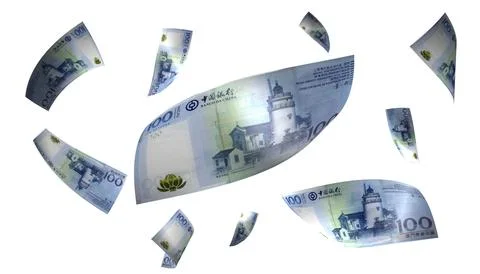 3D Render Set of Flying Macao 100 Patacas Money Banknote Stock Photos