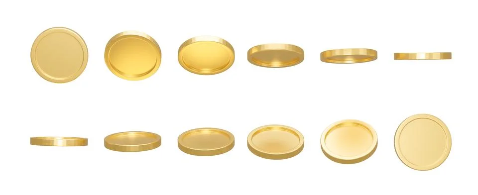 3D Render. Set of gold coins isolated on background in different positions. B Stock Photos