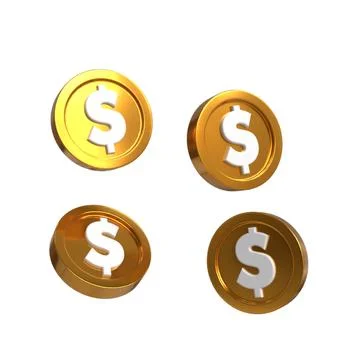3D render Set of golden coin in different shape isolated on white backgroun.. 스톡 일러스트