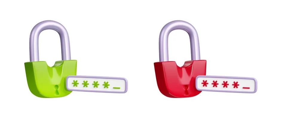 3D render set of green and red locks with password Stock Illustration