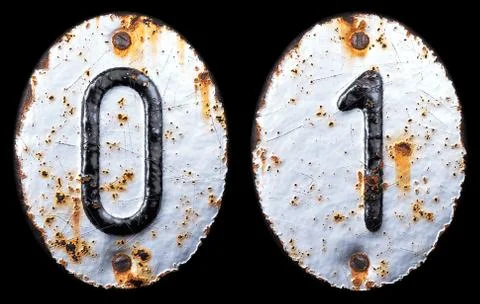 3D render set of numbers 0, 1 made of forged metal on the background fragment of Stock Illustration