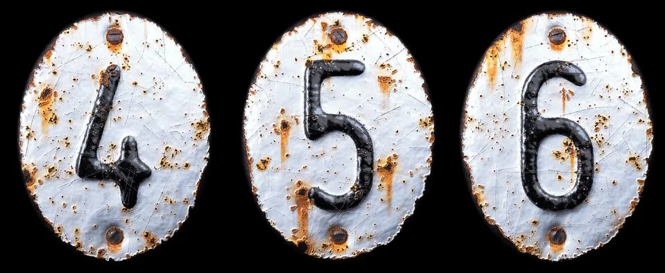 3D render set of numbers 4, 5, 6 made of forged metal on the background fragment Illustrazione stock
