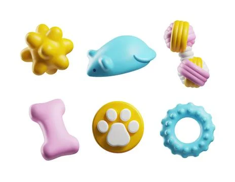 3d render set pet toys and accessories, dog or cat mouse, bone, massage ball Stock Illustration