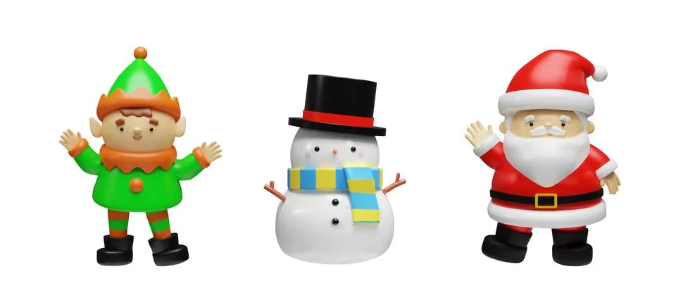 3d render set of Santa Claus, elf and snowman Stock Illustration