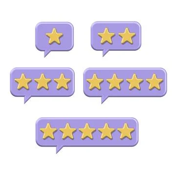 3D render Set of yellow stars on Purple Speech Bubbles. Online feedback, survey Stock Illustration