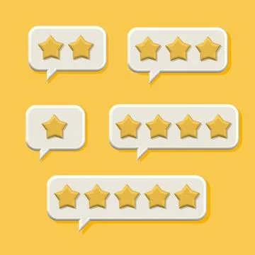 3D render Set of yellow stars on White Speech Bubbles. From one to five. Online Stock Illustration
