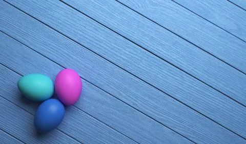3d render several colored eggs on blue, on the table Stock Illustration