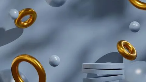 3D render of Shadow blue podium template with floating blue balls  and golden ri Illustrazione stock