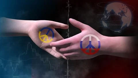 3D render Shaking hand have Peace Sign Russia and Ukraine flags in Backgrou.. Stock Photos
