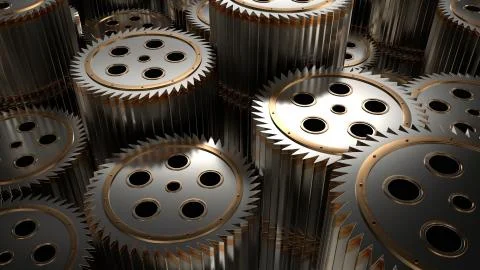 3d render of sharp cogwheel elements. Stack of several reflective mechanical  Stock Illustration