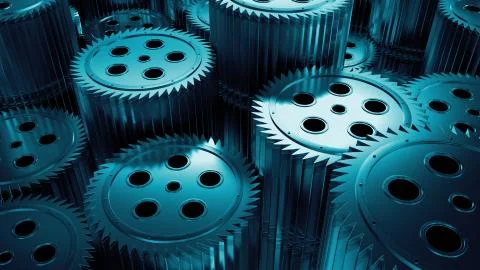 3d render of sharp cogwheel elements. Stack of several reflective mechanical  Stock Illustration