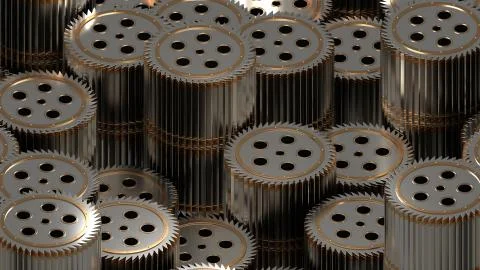 3d render of sharp cogwheel elements. Stack of several reflective mechanical  Stockillustratie