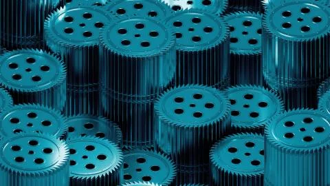 3d render of sharp cogwheel elements. Stack of several reflective mechanical  Stock Illustration