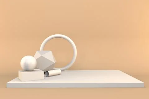 3d render shelf with abstract geometric shapes on a beige background Stock Photos