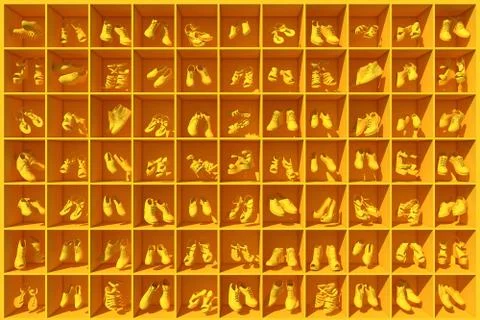 3D render of a shelf full of shoes levitating in cells Stock Illustration