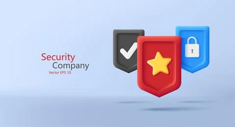3d render shield icons with satr padlock and checkmark, digital security 스톡 일러스트