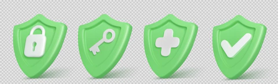 3d render shield with padlock, key, cross and tick Illustrazione stock
