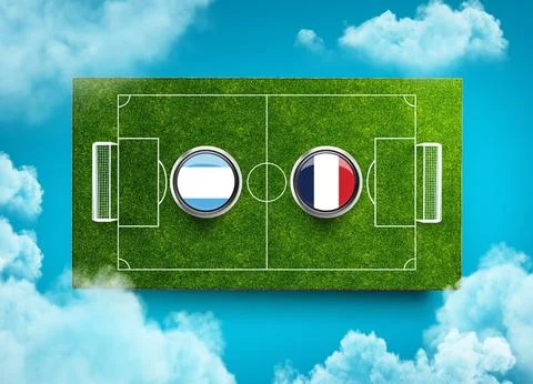 3d render of shields featuring the flags of Argentina and France over a soccer f Stock Illustration