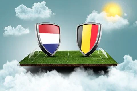 3d render of shields with the flags of Belgium and the Netherlands against a blu 스톡 일러스트