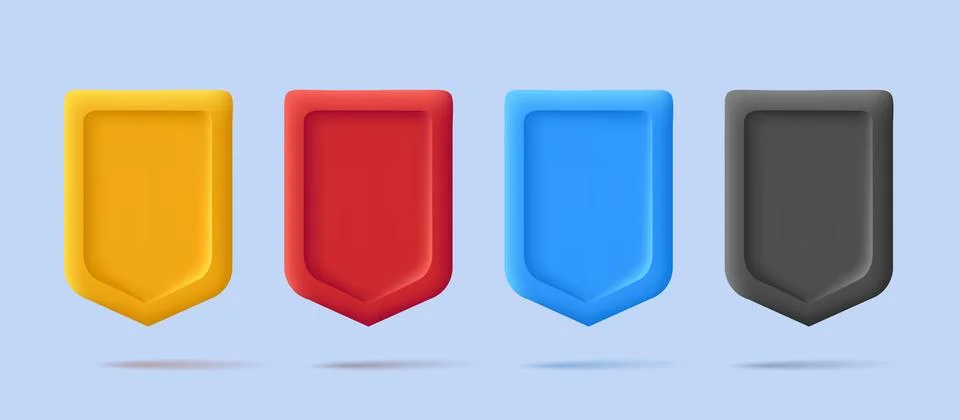 3d render shields icon, empty shape in different colors Illustrazione stock