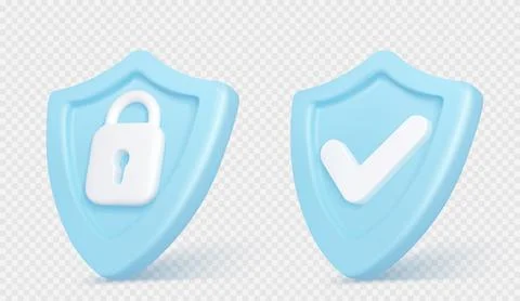 3d render shields with padlock and tick sign Stock Illustration
