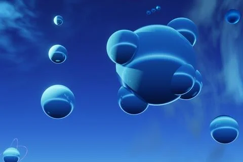 3d render of shine blue spheres with clouds and deep blue sky Illustrazione stock