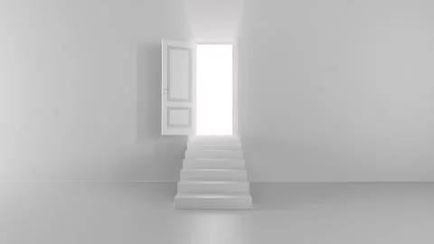 3d render shine of an open door with steps in a bright room Stock Illustration