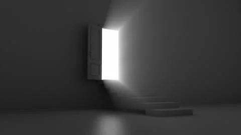 3d render shine of an open door with steps in a dark room Stock Illustration