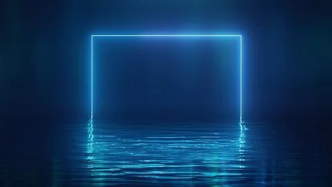 3d render Shining blue neon square over water 스톡 일러스트