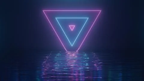 3d render Shining pink-blue neon triangles over water Stock Illustration