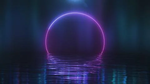 3d render Shining pink neon circle over water Illustrazione stock