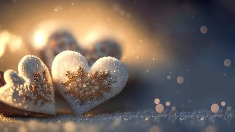 3D Render of Shiny Glittery Hearts With Golden Snowflakes On Bokeh Backgrou.. Stock Illustration