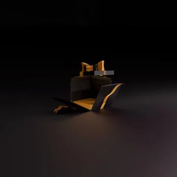 3d render of a shiny golden gift box with black ribbon and bow for Product prese Illustrazione stock