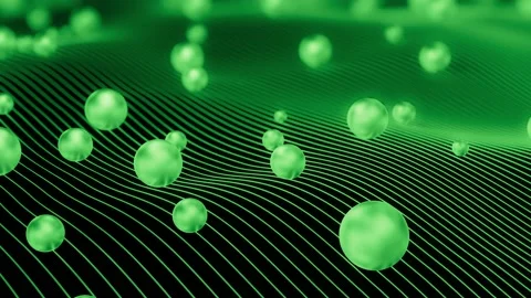 3D render of shiny green spheres sliding on waving lines with depth of field Stock Footage 217412394
