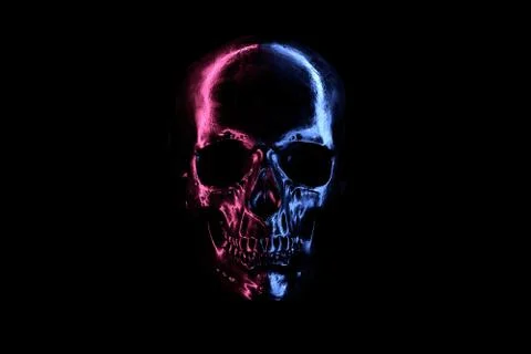 3D render of shiny metallic Skull with Neon reflection in the dark Stock Illustration