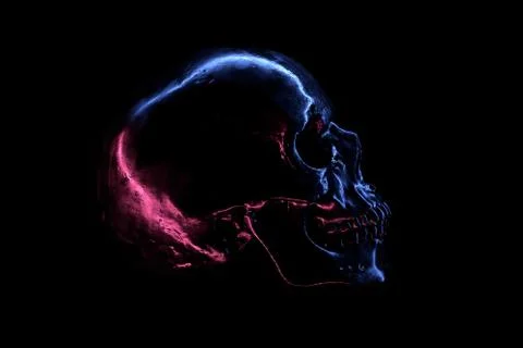 3D render of shiny metallic Skull with Neon reflection in the dark Stock Illustration