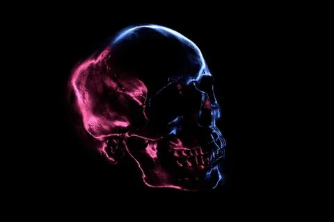 3D render of shiny metallic Skull with Neon reflection in the dark Stock Illustration
