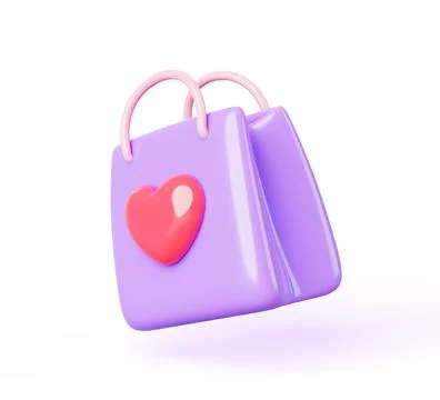 3d render shop paper bag with red heart for gift isolated icon. Fashion package Illustrazione stock