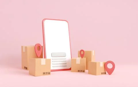 3d render shopping box delivery and location pin. smartphone online shoppin.. Ilustración de archivo