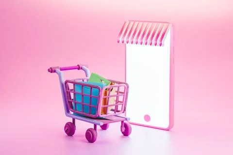 3D render of shopping cart and online store on phone device mock up Illustrazione stock